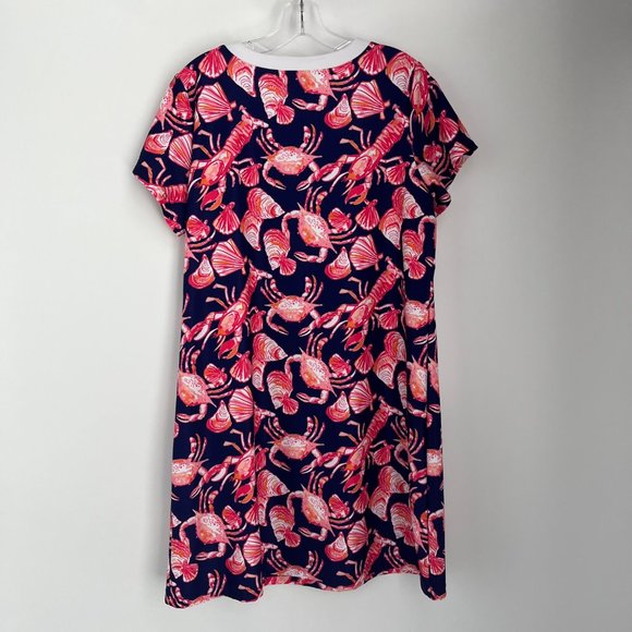 Kaeli Smith Navy Blue Red Pink Crab Lobster Short Sleeve Dress Women's Large L - Picture 9 of 10